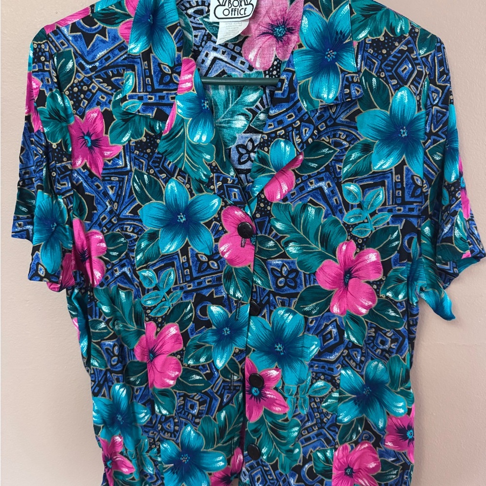 Vintage Box Office Tropical Floral Button Up, Tie Back Top, Women’s Size Large